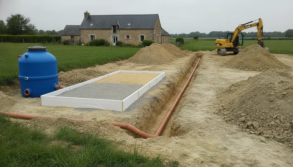 Fosse toutes eaux et filtre à sable drainé en cours de pose pour une longère de la plaine d'Argentan