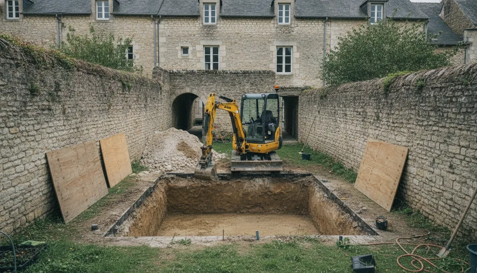 Mini-pelle creusant un bassin de piscine dans un jardin clos de murs anciens, quartier de Vaucelles à Bayeux