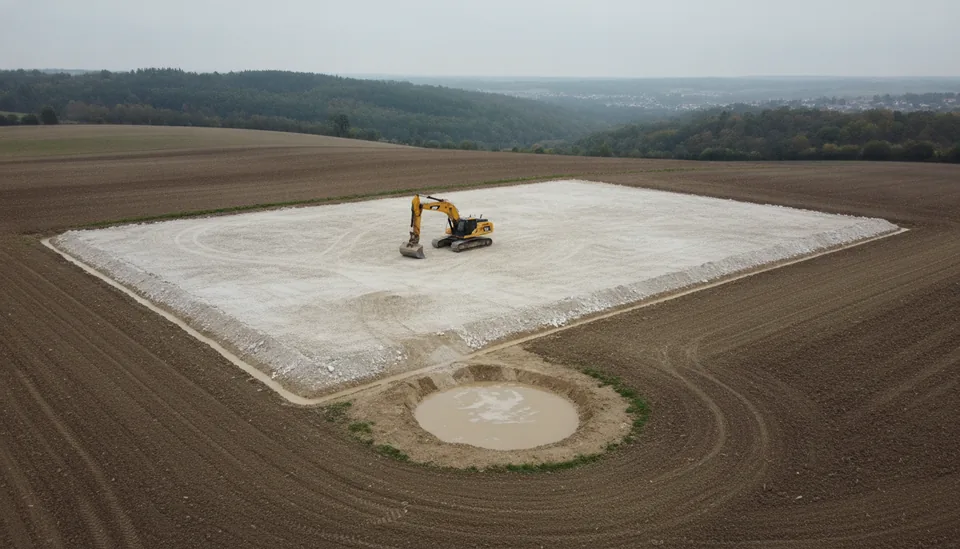 Fossés provisoires et plateforme compactée en bord de plateau à Bolbec, pour couper le ruissellement