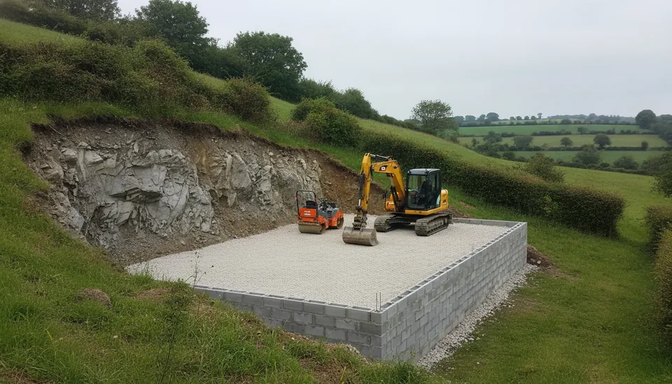 Plateforme taillée dans un coteau à 15 % avec mur de soutènement et remblai compacté, Flers