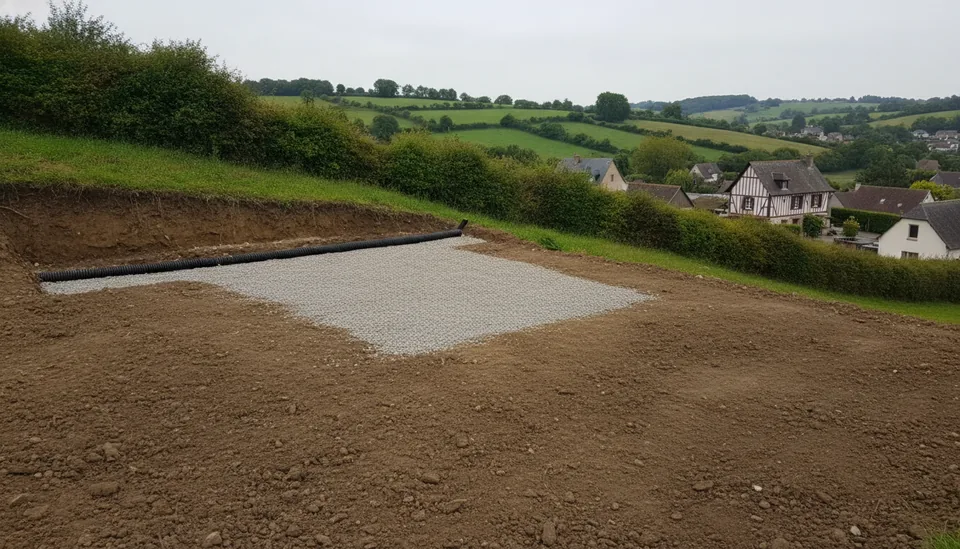 Plateforme taillée en déblai-remblai et drain périphérique sur un coteau de Lisieux