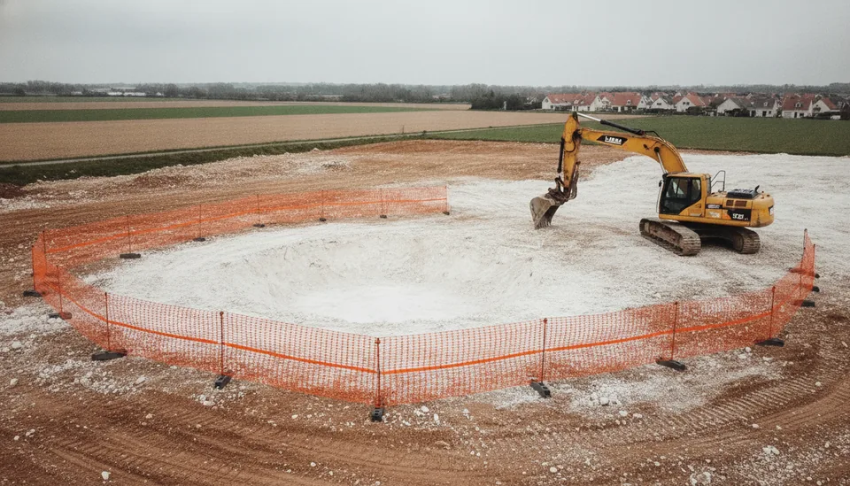 Terrain décapé sur le plateau de Montivilliers, affaissement balisé avant reprise de la plateforme