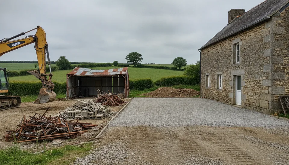 Cour de ferme réglée en grave et gravats triés en cours d'évacuation, secteur de Vaudry à Vire Normandie